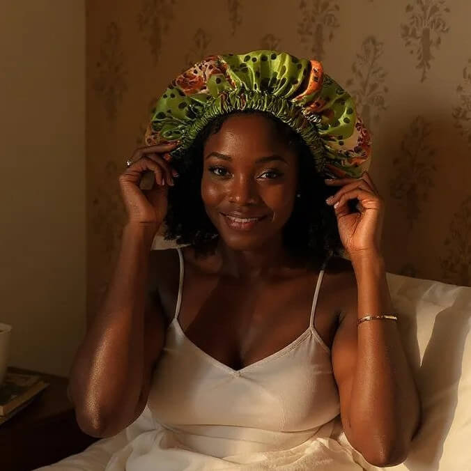Woman wearing medium Couronne Par Elle luxury satin bonnet for hair protection and moisture retention.